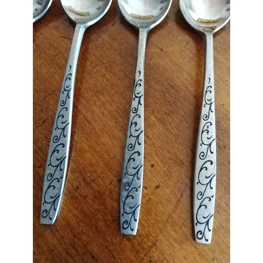 Vtg Lot 6+1  Teaspoons Stainless Grand Prix Florentine Black Swirl Design Japan